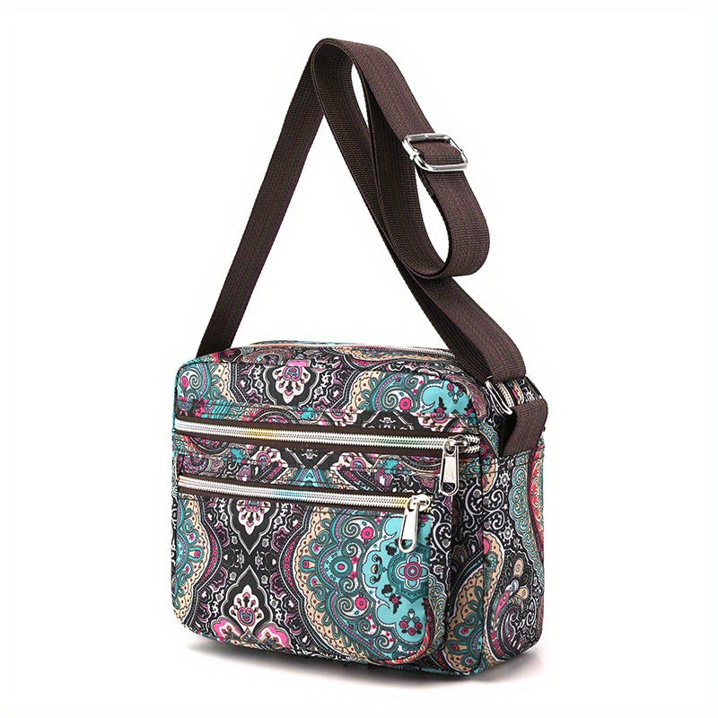 ヴィンテージ柄 スクエア ショルダーバッグ｜レディース ファスナー付き クロスボディバッグ｜通勤・旅行用 クラシックバッグ