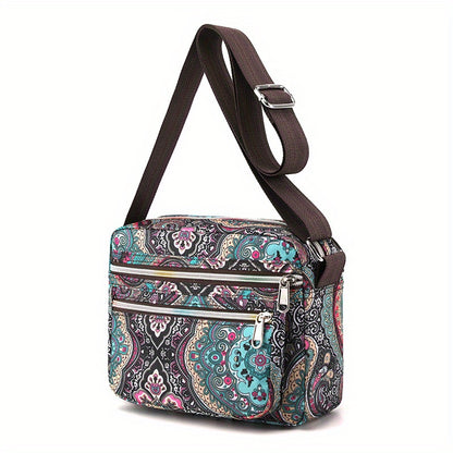 ヴィンテージ柄 スクエア ショルダーバッグ｜レディース ファスナー付き クロスボディバッグ｜通勤・旅行用 クラシックバッグ