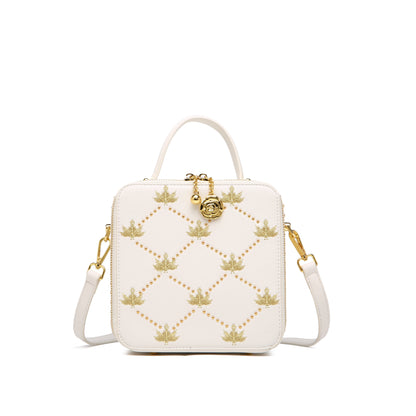 スタッズ ローズモチーフ ミニ ショルダーバッグ｜ファスナー付き ハンドル＆取り外し可能ストラップ｜アーガイル刺繍 エレガント クロスボディバッグ