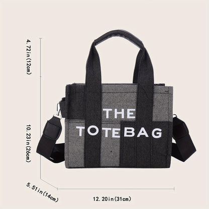 ステッチ入り デニム トートバッグ｜レタープリント クロスボディバッグ｜レディース トレンド 通勤 ハンドバッグ
