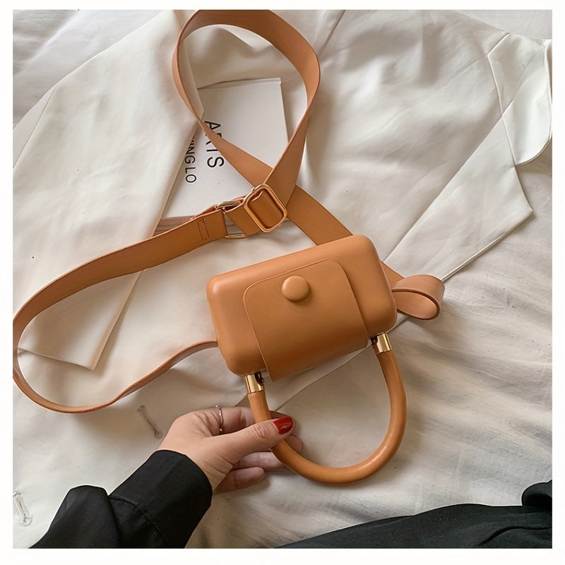 トレンド ボックス型 ハンドバッグ｜ボタン付き 無地 クロスボディバッグ｜個性派 フラップ スクエア バッグ