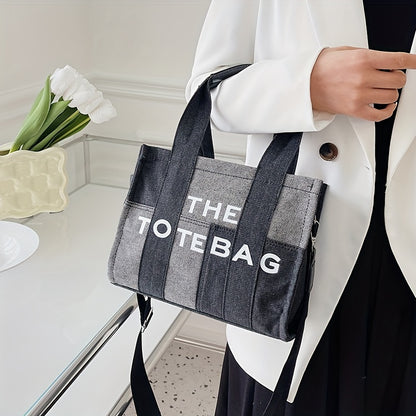 ステッチ入り デニム トートバッグ｜レタープリント クロスボディバッグ｜レディース トレンド 通勤 ハンドバッグ