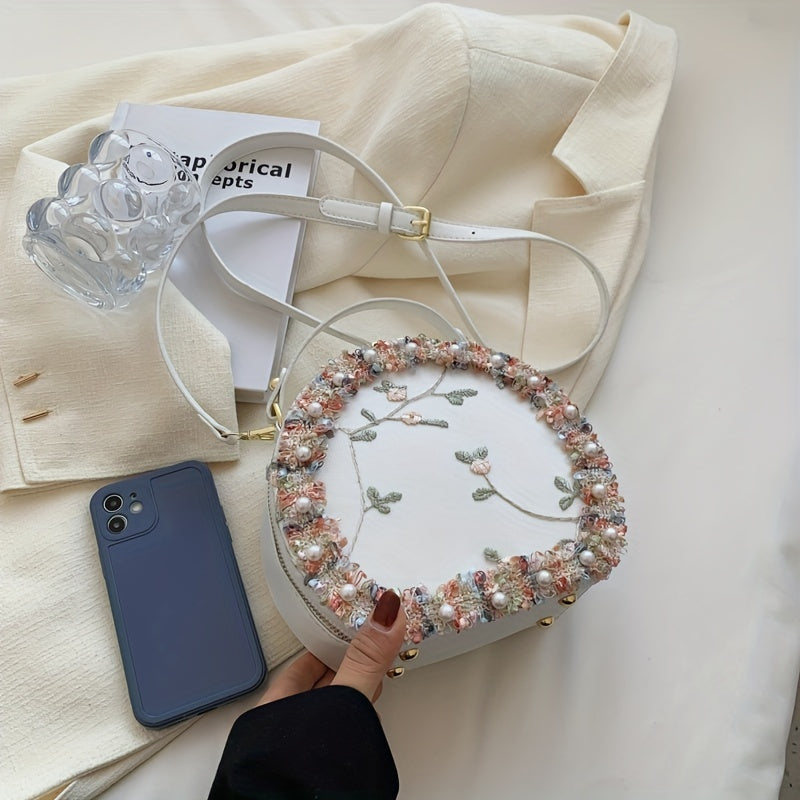 トレンド フラワー刺繍 ラウンドバッグ｜ビーズ装飾 サッチェルバッグ｜ファスナー付き スタイリッシュ ショルダーバッグ