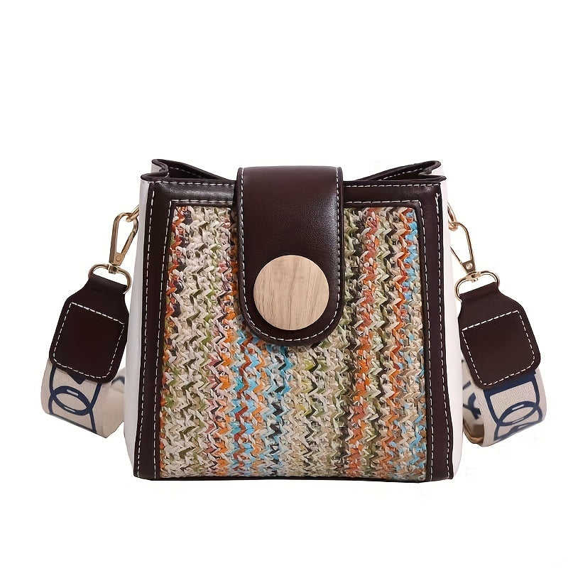 ストロー編み クロスボディバッグ｜幅広ストラップ ショルダーバッグ｜レインボーデザイン レディース バケットバッグ