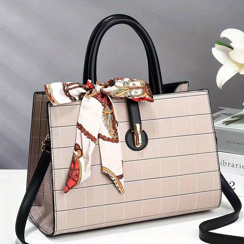 ウィンドウペーン柄 トートバッグ｜スカーフ装飾 サッチェル パース｜レディース 合成皮革 クロスボディバッグ