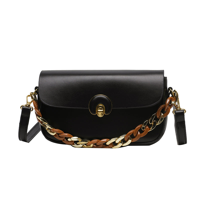 チェーン装飾 バゲットバッグ｜トレンド 合成皮革 クロスボディバッグ｜バックル付き ミニ フラップ パース