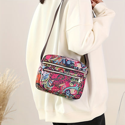 ヴィンテージ柄 スクエア ショルダーバッグ｜レディース ファスナー付き クロスボディバッグ｜通勤・旅行用 クラシックバッグ