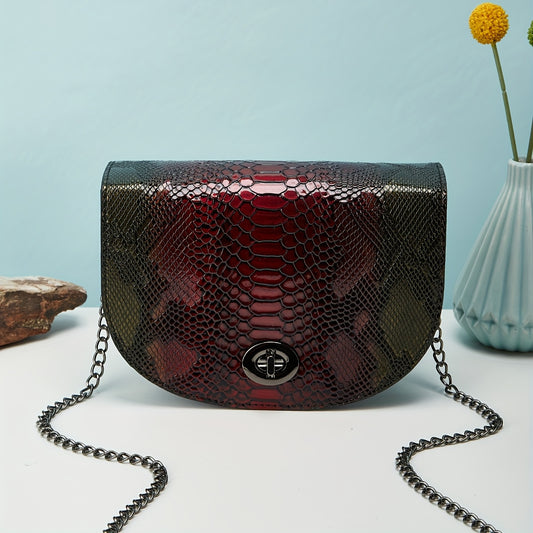 クロコダイル柄 ラメ サドルバッグ｜バックル付き トレンド クロスボディバッグ｜メタルチェーン エレガント ショルダーバッグ