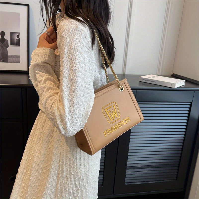 レターパターン スクエア ショルダーバッグ｜PUレザー ファスナー付き スリングバッグ｜大容量 カジュアル クロスボディバッグ