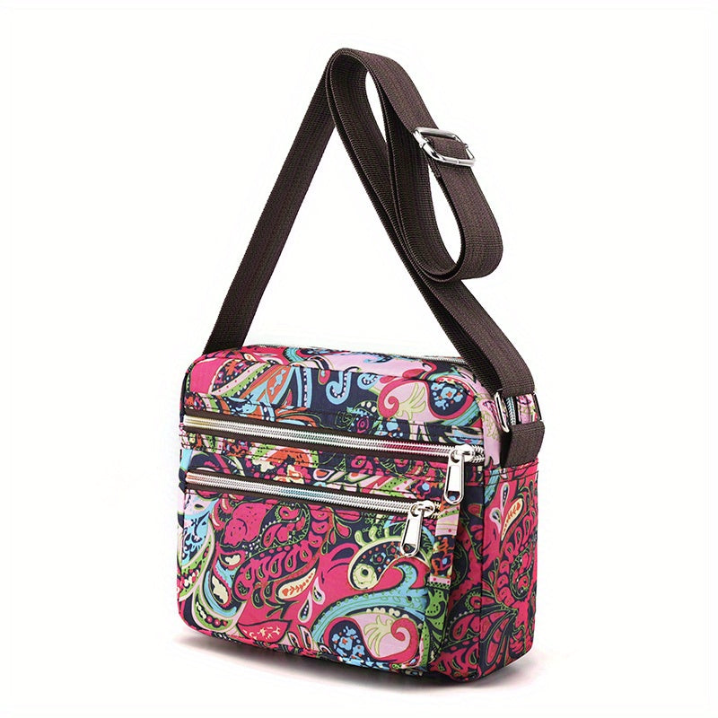 ヴィンテージ柄 スクエア ショルダーバッグ｜レディース ファスナー付き クロスボディバッグ｜通勤・旅行用 クラシックバッグ