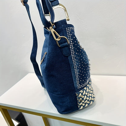 フラワー柄 ラインストーン装飾 ショルダーバッグ｜トレンド デニム クロスボディバッグ｜オールマッチ レディースバッグ