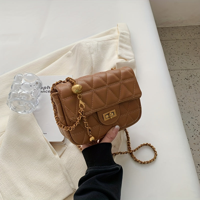 アーガイル キルティング チェーン クロスボディバッグ｜ミニ ターンロック ショルダーバッグ｜レディース 合成皮革 フラップ パース